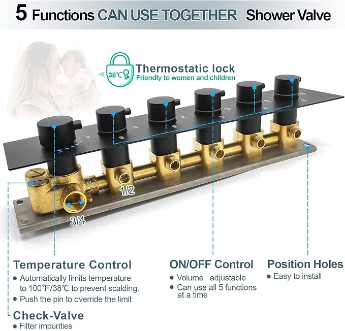 HOMEDEC Matte Black 5-Way Shower Diverter Valve Kit, 5 Port Concealed Brass - Image 2