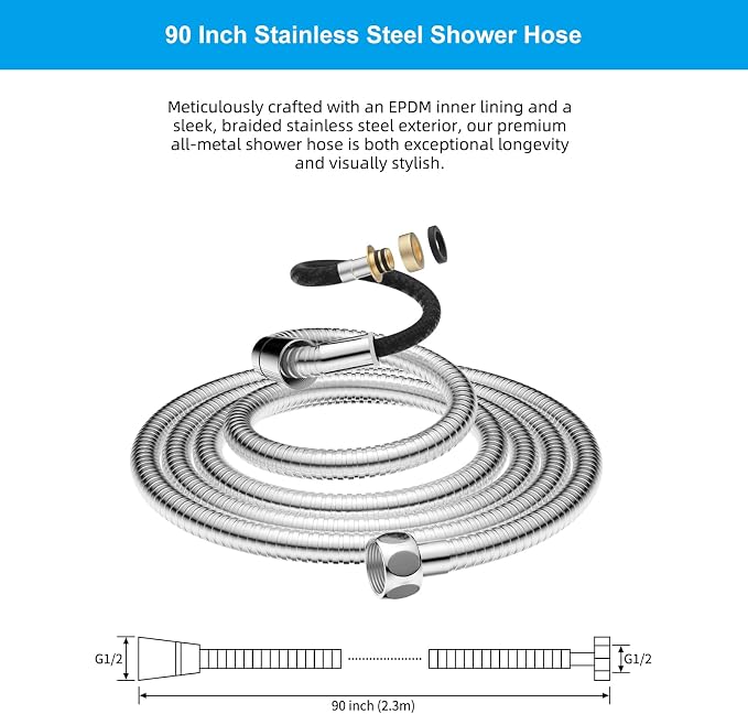 Hibbent All Metal Shower Hose 90 inch Bathroom Handheld Shower Head Hose 2.3 - Image 6