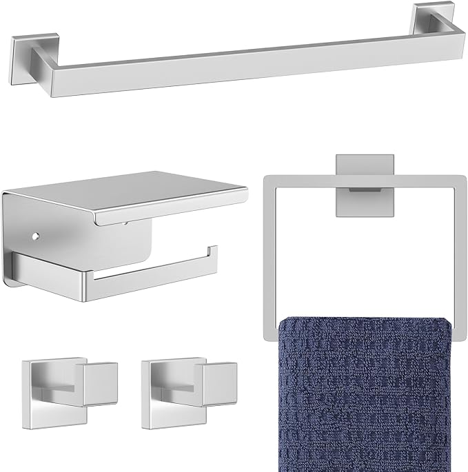 5-Pieces Brushed Nickel Bathroom Hardware Accessories Set, 16 Inch Towel Bar Set by Kiakuoow