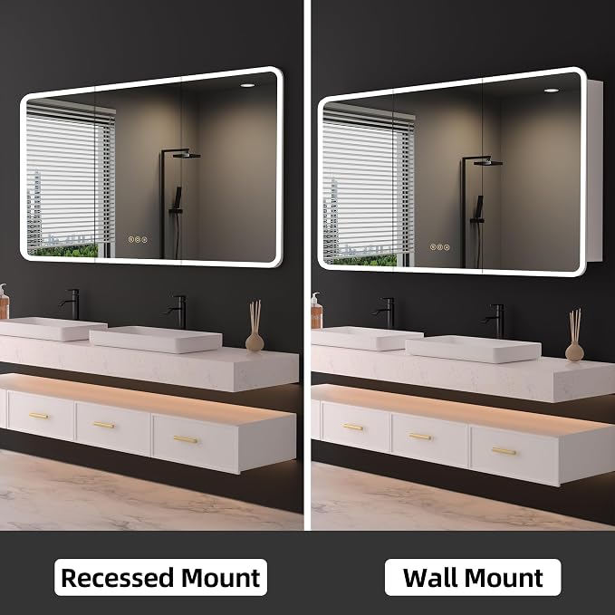 Medicine Cabinet with LED Lights and Mirror, 60 x 32 Inch Surface or Recessed - Image 8