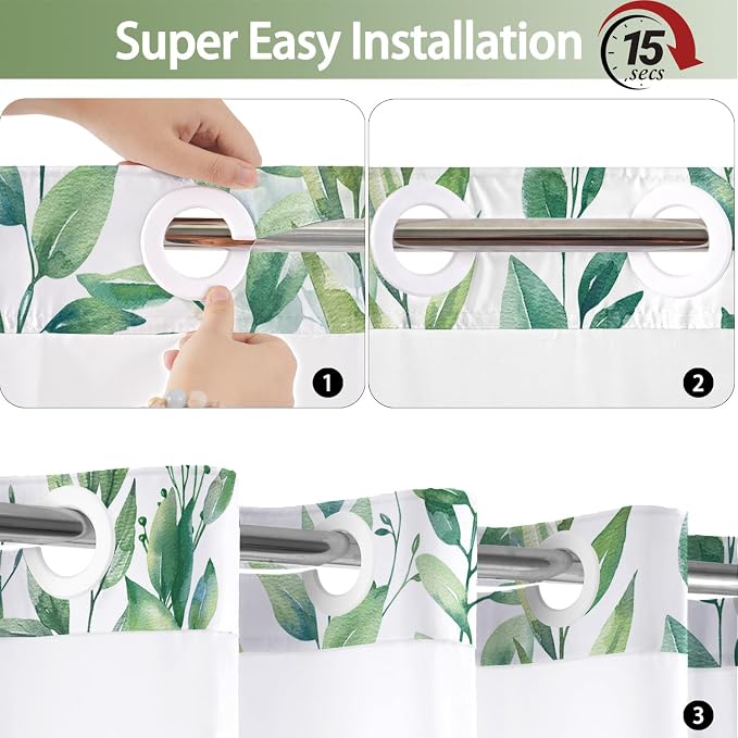 No Hook Shower Curtain and Liner Set, Light Green Eucalyptus Floral Shower - Image 3