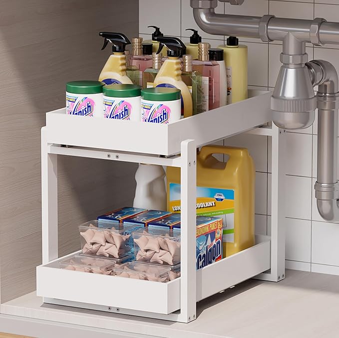Bamboo Wood Under Sink Organizer 1 Pack, Pull Out Cabinet Organizer 2 Tier by LONTAI