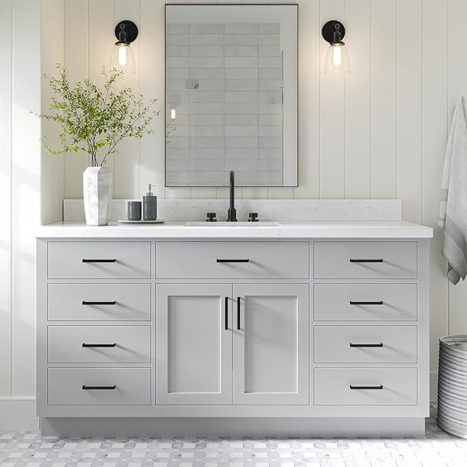 ARIEL Hepburn 66" Grey Bathroom Vanity, 1.5" Edge Carrara Quartz Countertop & by Ariel