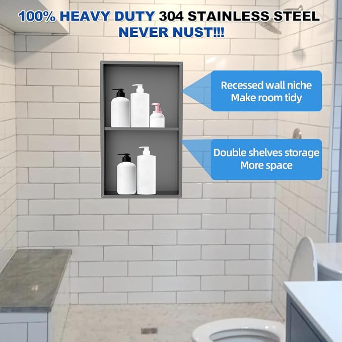 304 Stainless Steel Shower Niche Insert-24 x 12" No Tile Needed Bathroom Niche - Image 8