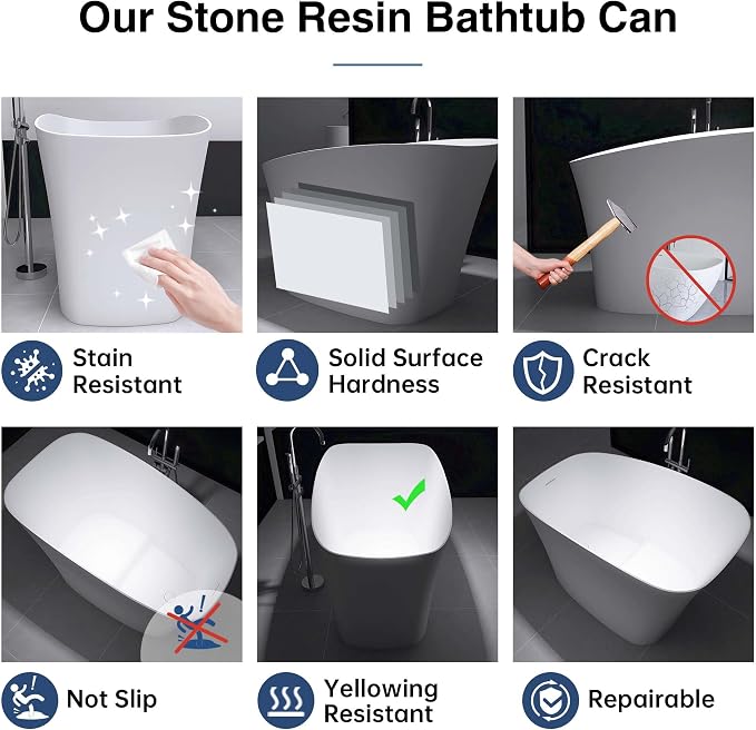 51" Freestanding Solid Surface Resin Stone Bathtub, Modern Design Stand Alone - Image 8