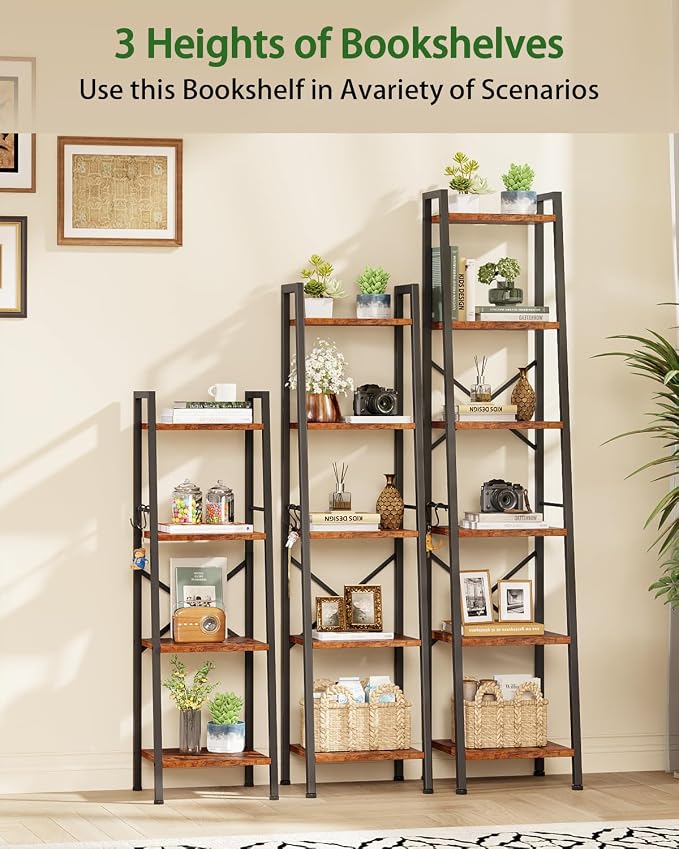 Furologee 4 Tier Ladder Bookshelf Narrow, Metal Wooden Ladder Shelf Bookcase - Image 7