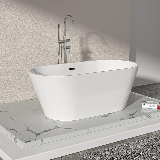 Logmey 59 Inch White Acrylic Freestanding Bathtub Oval Shape Soaking Tub - Image 5