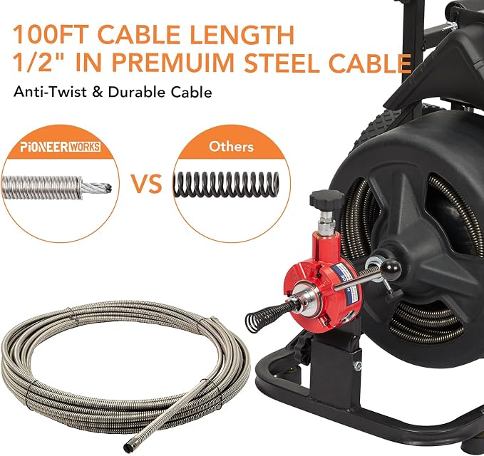 Heavy Duty Electric Drain Cleaner Machine, 100 Ft x 1/2 Inch Sewer Snake - Image 7