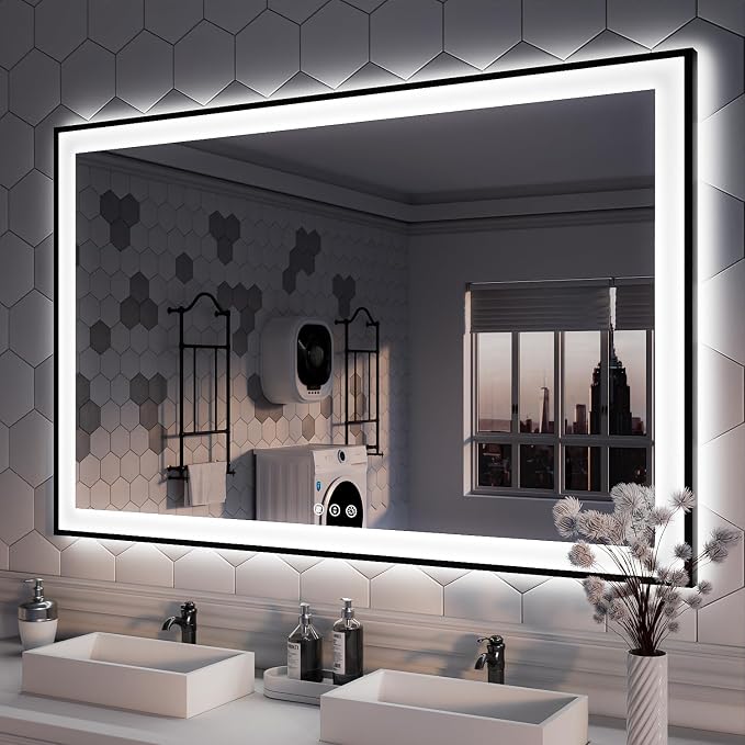 ISKM Framed LED Mirror for Bathroom 55"x40", Dimmable LED Bathroom Mirror by ISKM-IStillKeepMovin