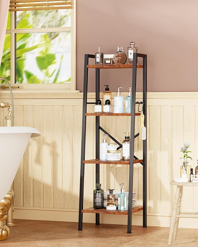 Furologee 4 Tier Ladder Bookshelf Narrow, Metal Wooden Ladder Shelf Bookcase - Image 4