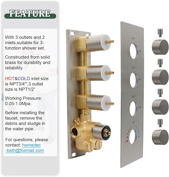 HOMEDEC 3 Way Shower Diverter Valve, 3 Outlets Multi Function Thermostatic - Image 7