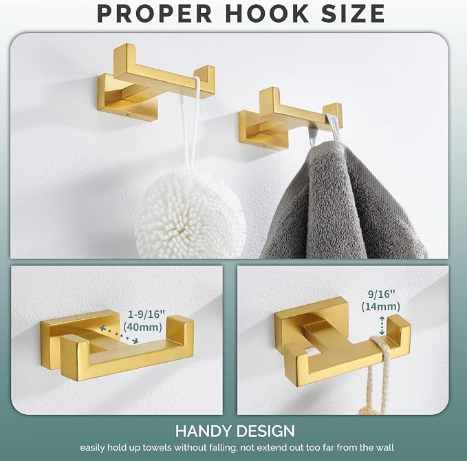 Angle Simple Double Towel Hook Brassy Gold 2 PCS, SUS304 Stainless Steel - Image 4