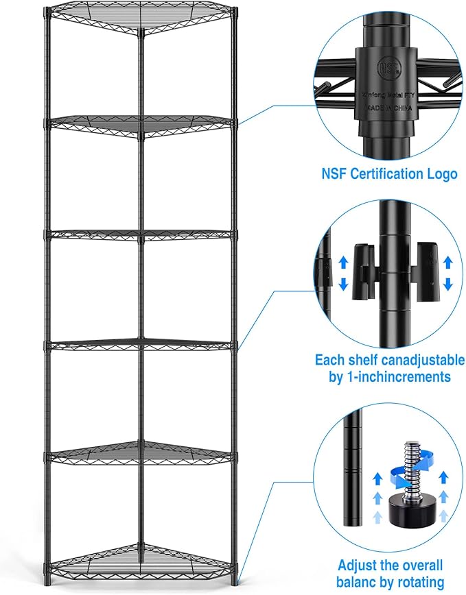 Black 6 Tier NSF Metal Pentagonal Corner Wire Shelving Units, 600lbs Storage - Image 4