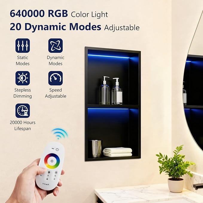 12" X 24" RGB LED Shower Niche No Tile Needed, 304 Stainless Steel Shower Niche - Image 3