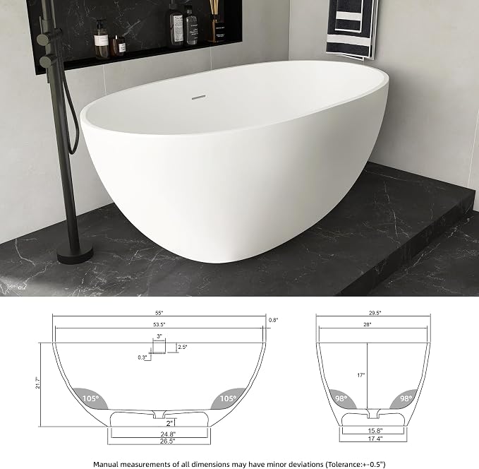 55'' Resin Stone Soaking Bathtub Freestanding Bathtub Solid Surface Modern Tubs - Image 3
