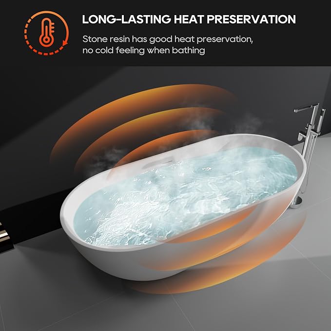 SJ STAR&JANE 69" Solid Surface Freestanding Bathtub, Matte White Stone Resin - Image 7