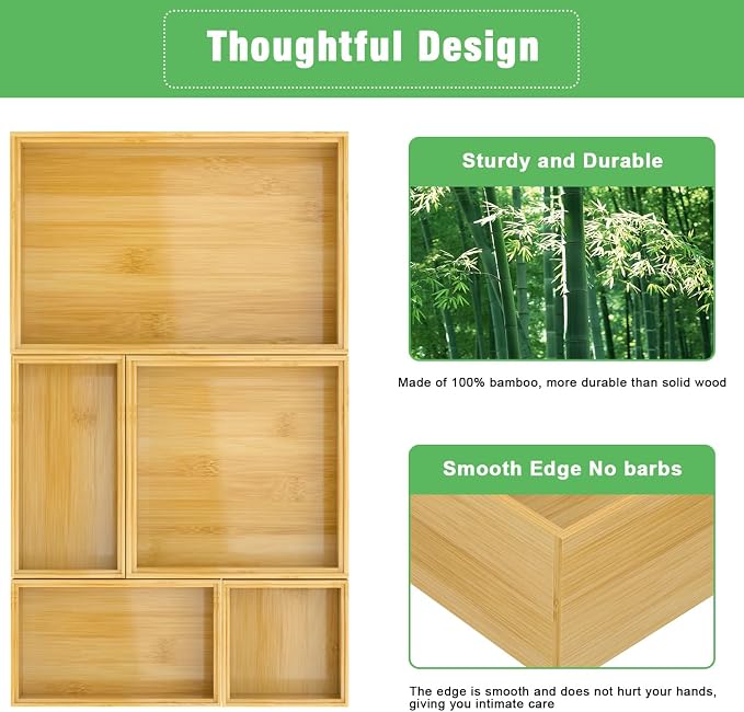 Bamboo Bathroom Drawer Organizer Dividers, Wooden Kitchen Utensil Holder Set of - Image 7