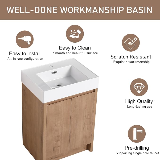 24 Inch Bathroom Vanity with Middle Resin Sink, Freestanding Single Sink Vanity - Image 3