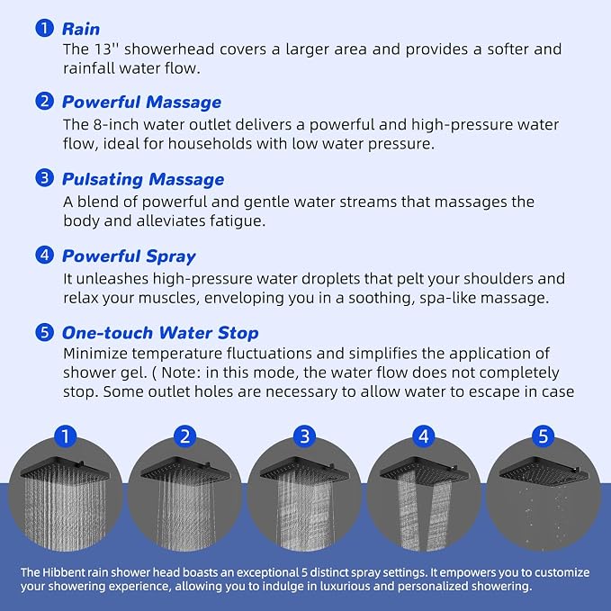 Hibbent Upgraded cUPC Certified 13'' Shower Head Combo, High Pressure 5 Spray - Image 2