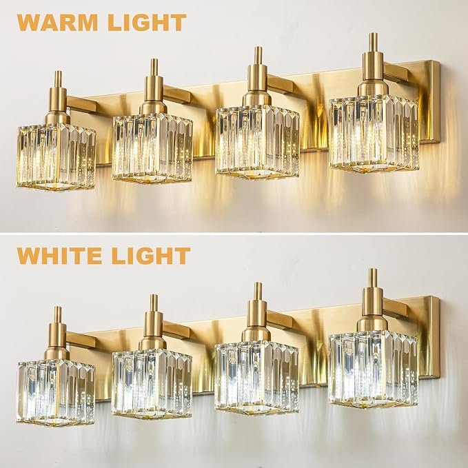 Gold Bathroom Light Fixtures, 4-Lights Crystal Bathroom Vanity Light Over - Image 7