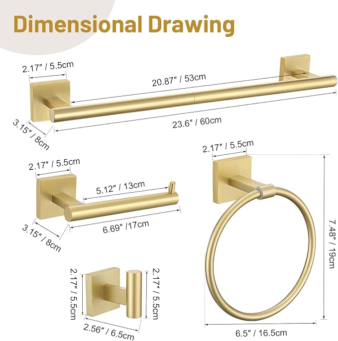 10 Pieces Brushed Gold Towel Bar Set, 23.6 Inch Bathroom Accessories Set SUS304 - Image 7