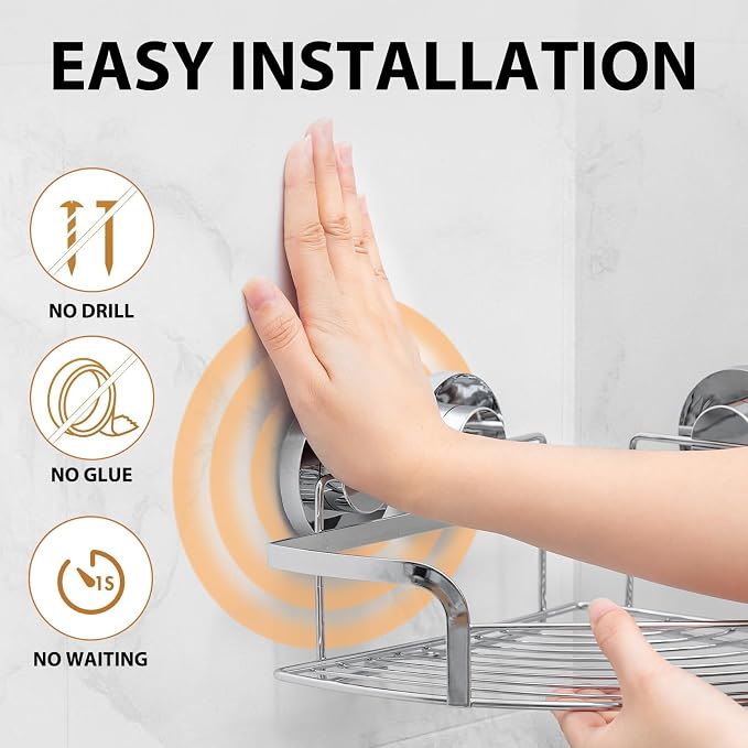 LEVERLOC 2 Pack Powerful Suction Cup Corner Shower Caddy, Stainless Steel - Image 2