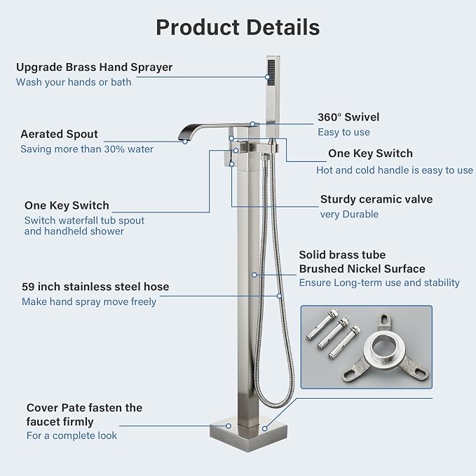 Freestanding Bathtub Faucet Brushed Nickel Tub Filler Floor Mount Single Handle - Image 5