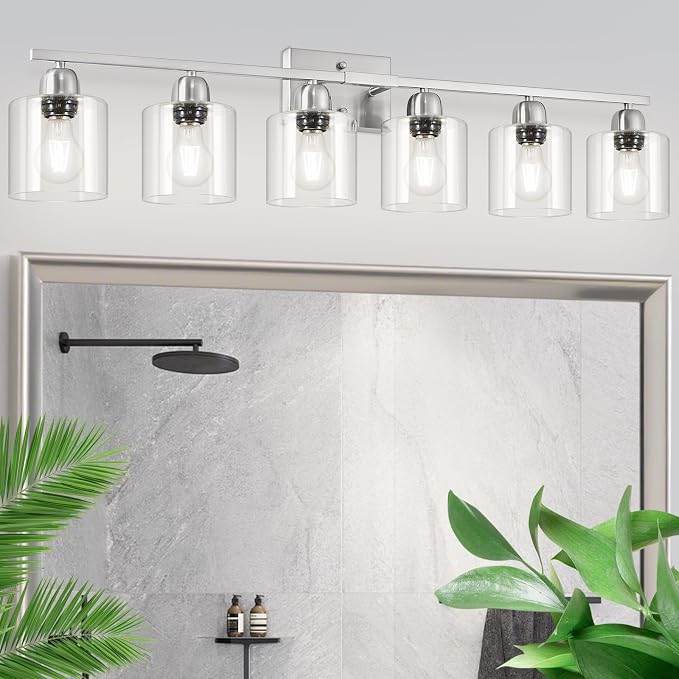 Modern Brushed Nickel 6 Light Bathroom Light Fixtures, 38 inch Vanity Lights by FAISHILAN