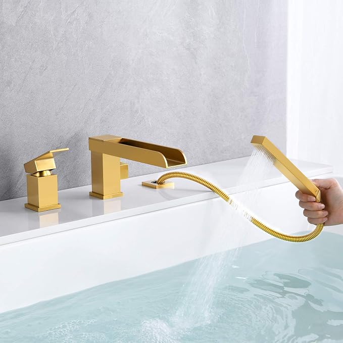 Waterfall Roman Tub Faucets Deck Mount Brushed Gold Bathtub Faucets Brass Tub - Image 6