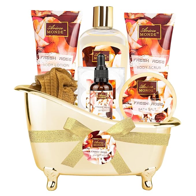 Fresh Rose Spa Gift Set for Women, 8-Piece Relaxing Bath Set by Ariosemonde