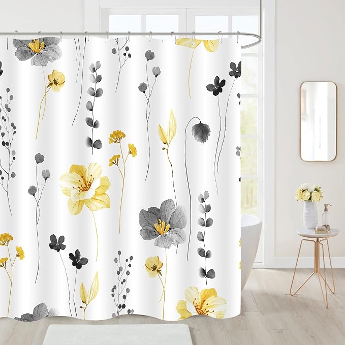 Gibelle Yellow and Grey Floral Shower Curtain, Watercolor Flower Shower Curtain - Image 2