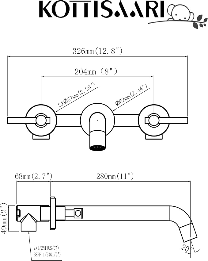 Wall Mount Tub Filler, Two Handle Bathtub Wall Faucet, Extra Long Spout Reach - Image 7