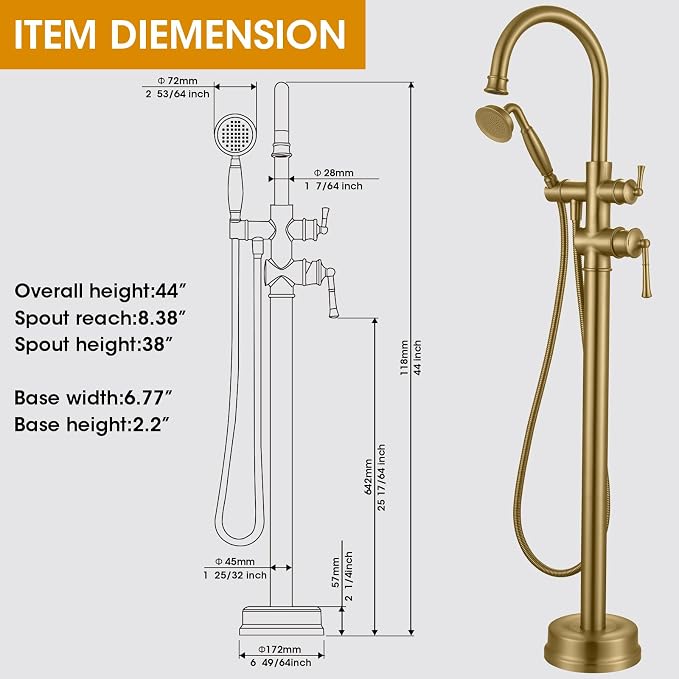 Freestanding Bathtub Faucet, Floor Mount Tub Faucet Brushed Gold High Flow Tub - Image 5