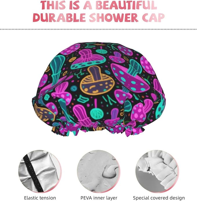 Double Layers Shower Caps for Women Girls, Colorful Mushroom Neon Glow in Dark - Image 5
