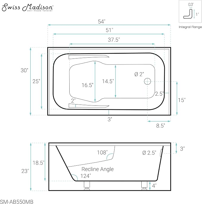 Voltaire 54 in. x 30 in. Acrylic Matte Black, Right-Hand Drain, Apron Bathtub - Image 7