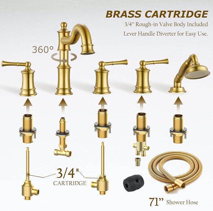 Roman Tub Faucet Set With Handheld Shower 5 Hole Deck Mount Tub Filler With - Image 5