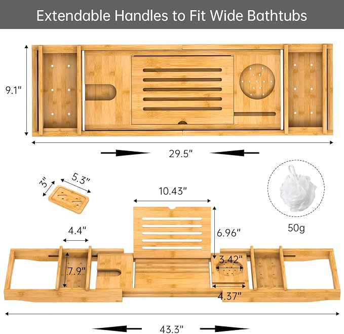 Bamboo Bathtub Tray for Luxury Bathroom, Expandable Premium Bath Tray w/Soap - Image 6
