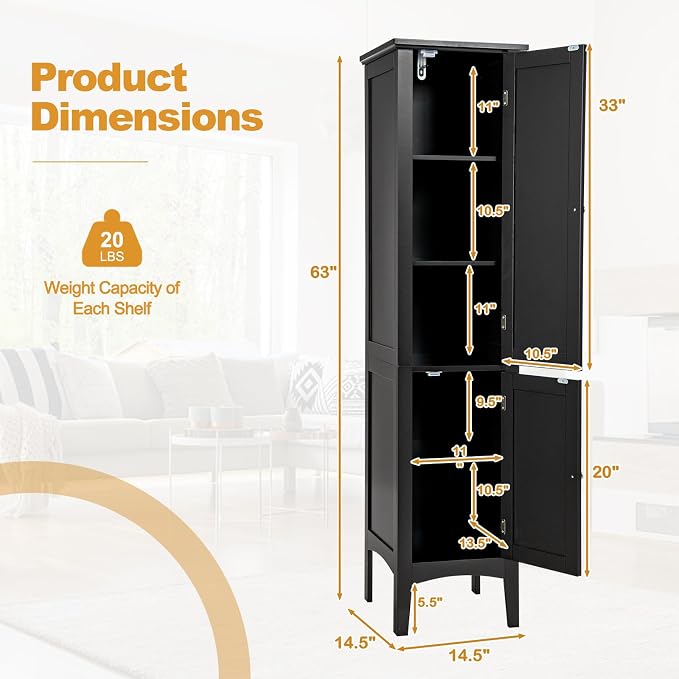 COSTWAY Tall Bathroom Storage Cabinet, 5-Tier Freestanding Linen Tower Cabinet - Image 3