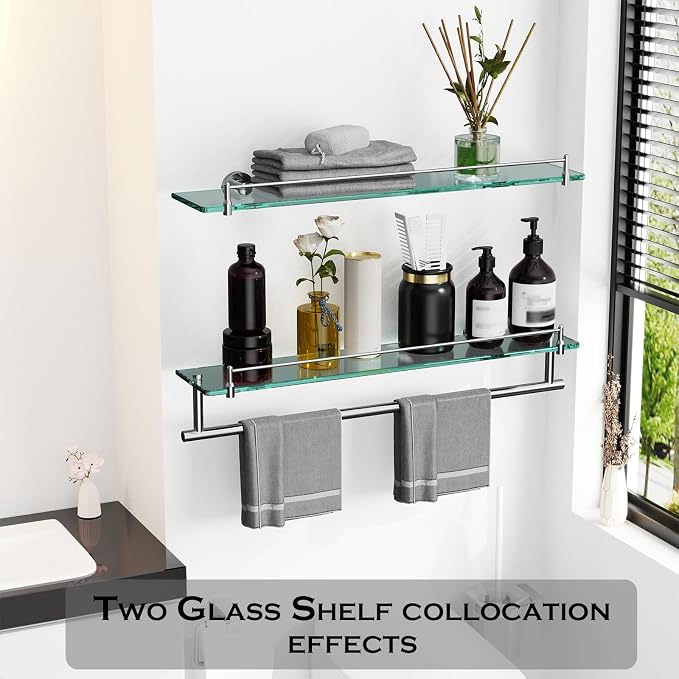 24-Inch Towel Rack with Shelves Tempered Glass Bathroom Shelves with Bar - Image 6