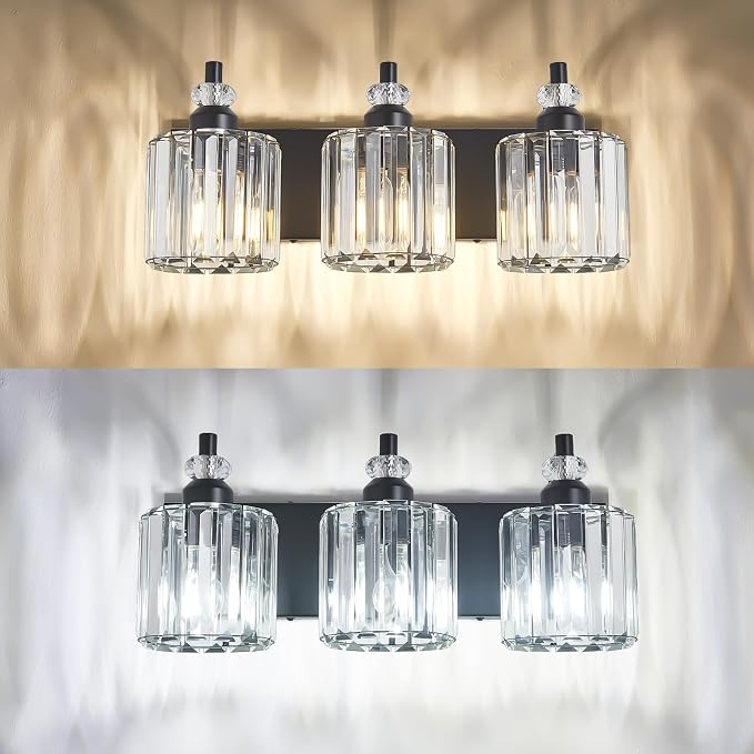 3-Light Black Bathroom Light Fixtures Over Mirror Modern Vanity Lights Crystal - Image 9