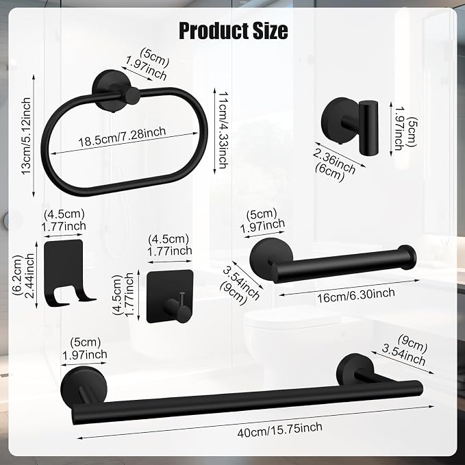 7 PCS Bathroom Hardware Set, Matte Black Stainless Steel Bathroom Tower Rack - Image 2