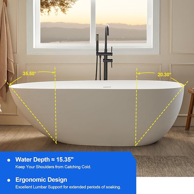 Cpingao 63" Stone Resin Freestanding Bathtub, Oval Solid Surface Contemporary - Image 4