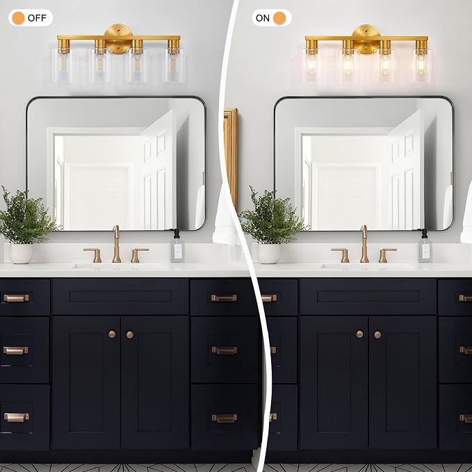 4 Light Gold Bathroom Vanity Light, Brushed Brass Bathroom Light Fixtures - Image 4