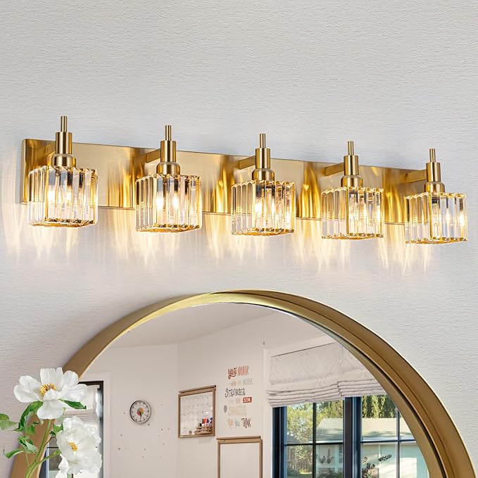 Gold Bathroom Vanity Lights, 5 Lights Crystal Bathroom Lighting Fixtures Over by HUOKU