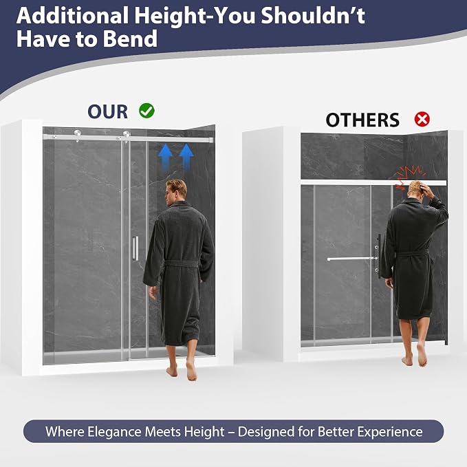 Frameless Shower Door, 55-60" W x 76" H Sliding Glass Shower Door, 1/4'' SGCC - Image 3