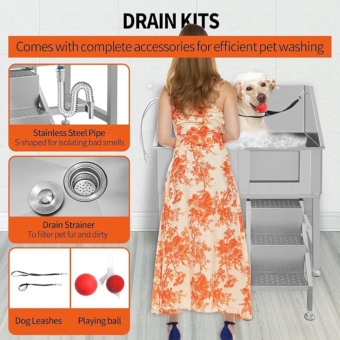 38 Inch Professional Dog Wash Station, Stainless Steel Dog Grooming Tub - Image 6