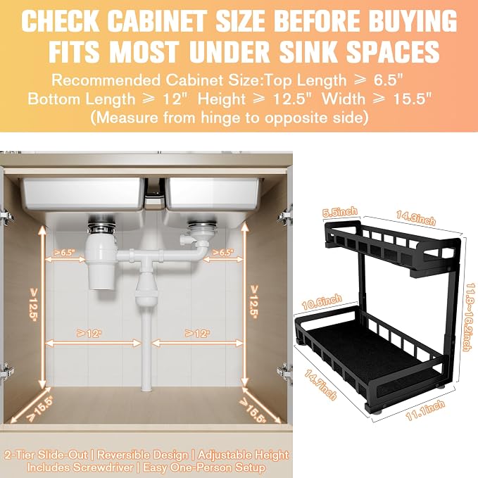 Under Sink Organizer 2 Pack, Metal Large Capacity 2-Tier Sliding Cabinet - Image 2