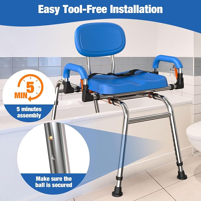 Sliding Shower Chair with Wide 360° Swivel Seat, 450lbs Tub Transfer Bench - Image 7