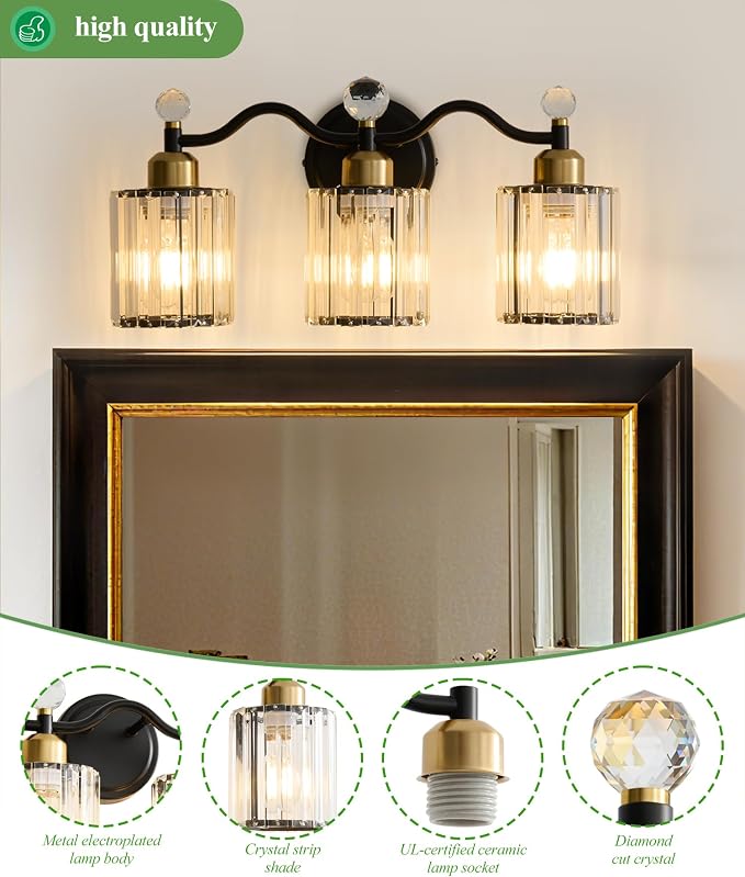Modern Crystal Bathroom Vanity Light, Balck and Gold 3-Lights Bathroom Light - Image 5