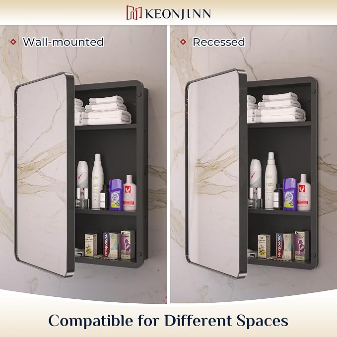 Keonjinn 40 x 32 Inch Large Black Medicine Cabinets, Recessed Bathroom Medicine - Image 6